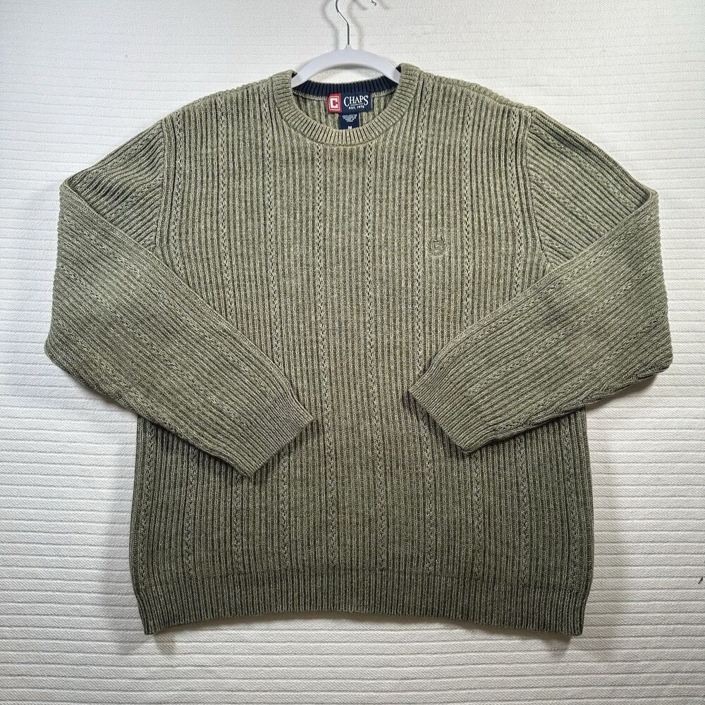 Chaps Men’s Medium Olive Green Ribbed Knit Crewneck Sweater Pullover